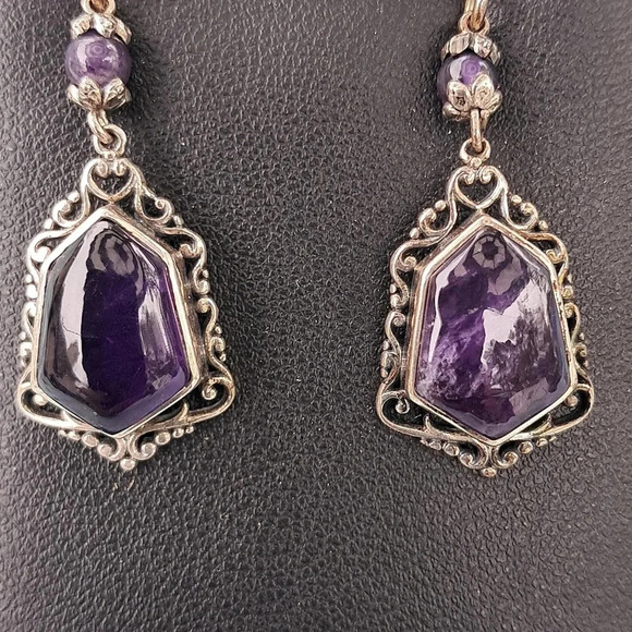 Natural Amethyst Dangle Earrings In Sterling Silver. - Picture 3 of 5